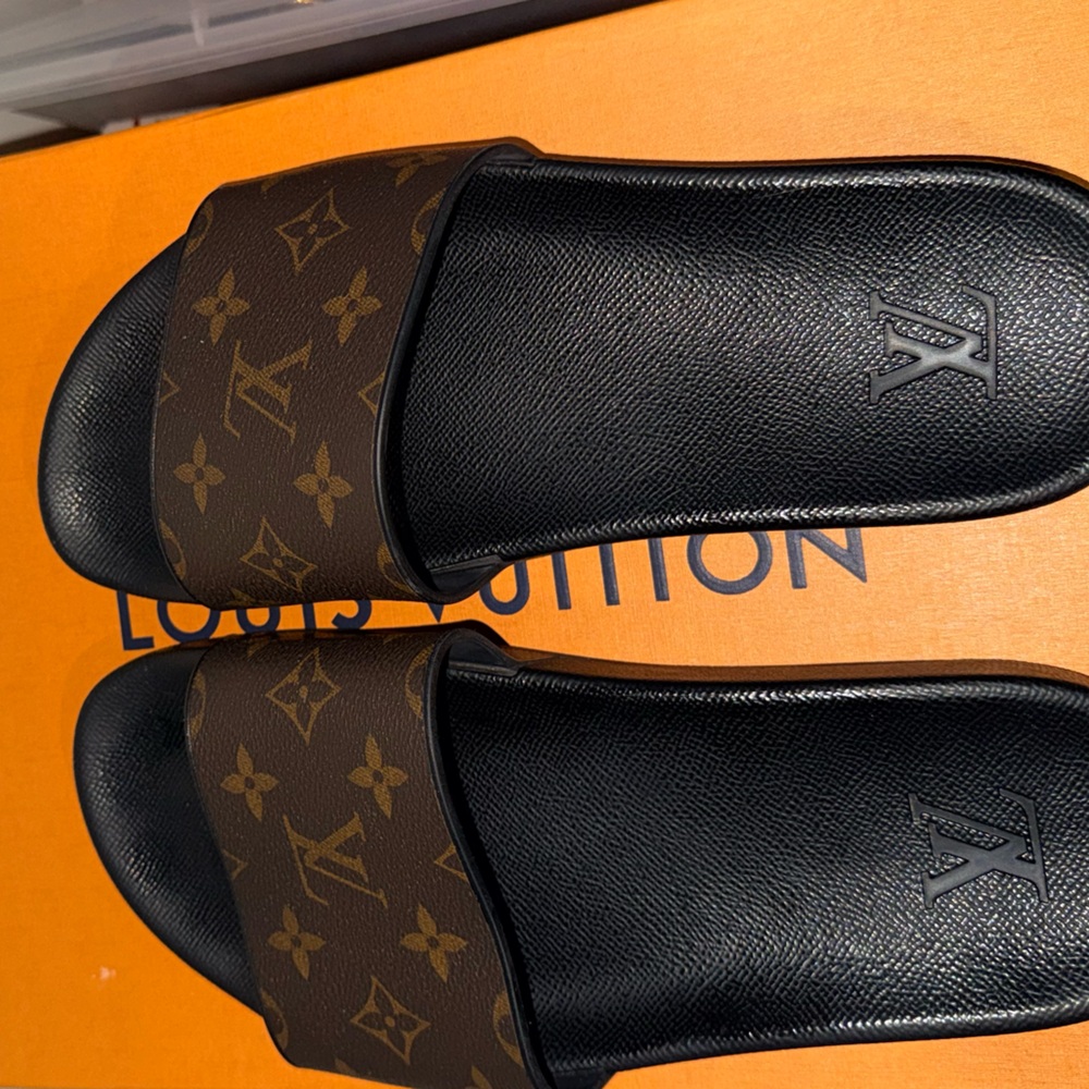 Louis Vuitton Black and Brown Monogram Pool Slides